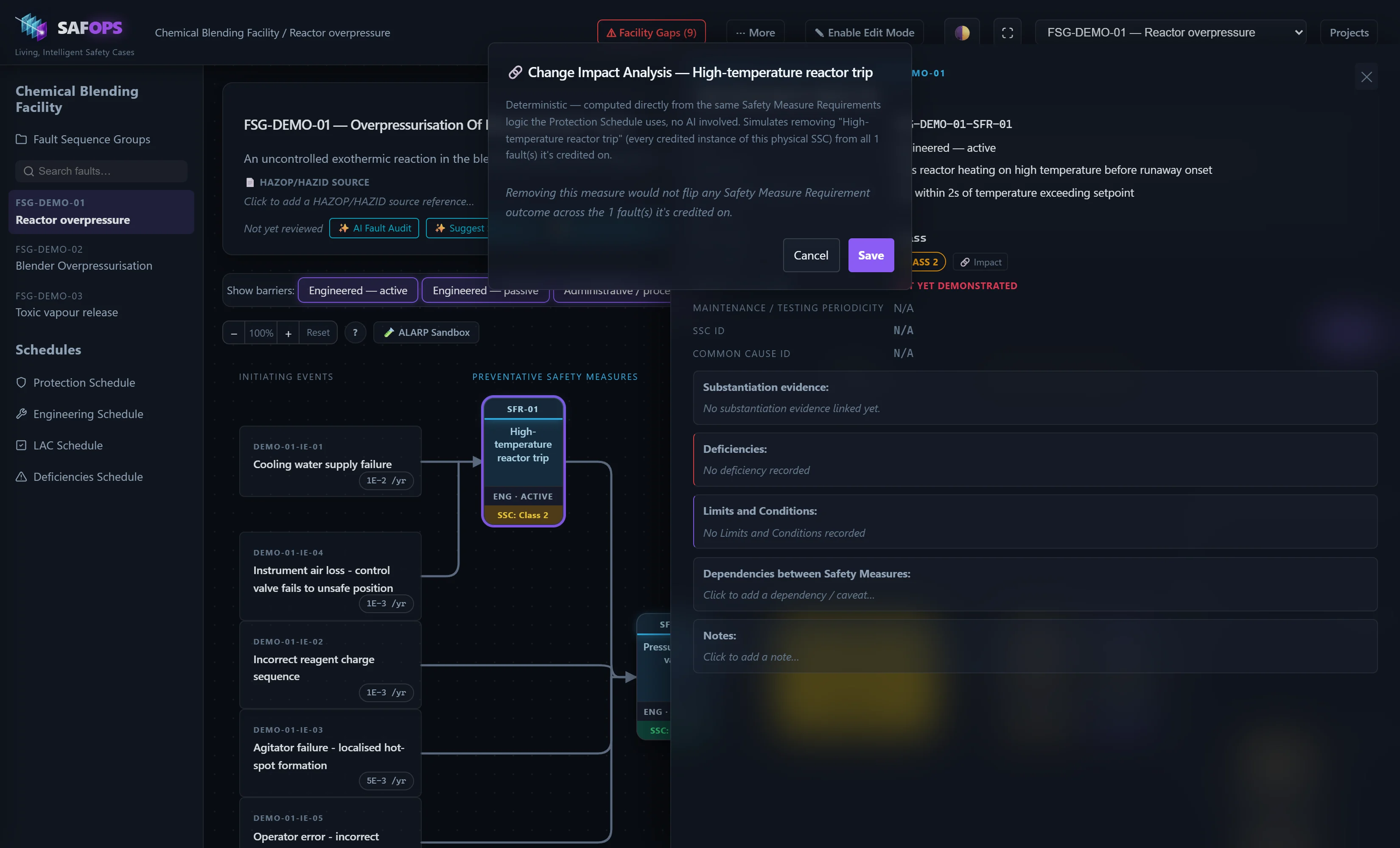 SAFOPS's Change Impact Analysis dialog, showing the deterministic simulation of removing a safety measure